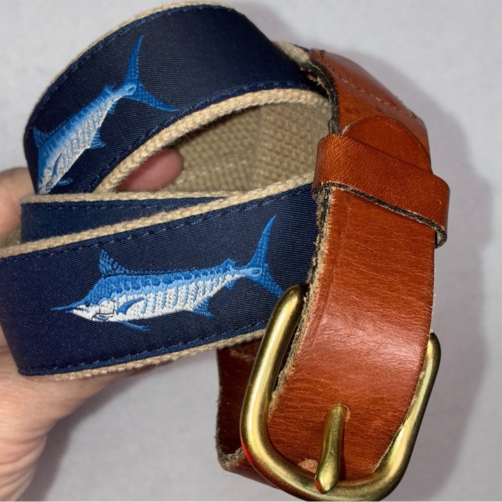 Swordfish Belt Beige Blue Size 40 Leather Man Ltd. Handmade Essex CT Leather